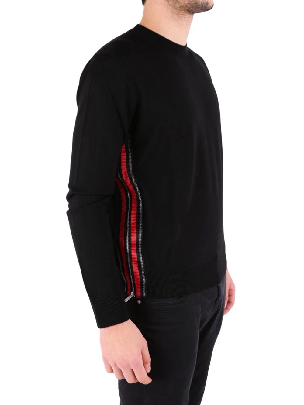 DSQUARED2 Black Zip-Trim Crewneck Sweater with Red & Silver Stripe
